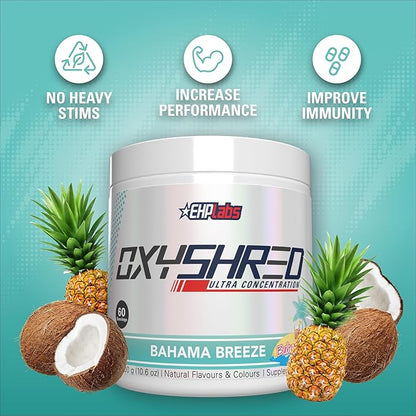 EHP Labs OxyShred Pre Workout Powder - Preworkout Powder with L Glutamine & Acetyl L Carnitine, Energy Boost Drink - Bahama Breeze, 60 Servings