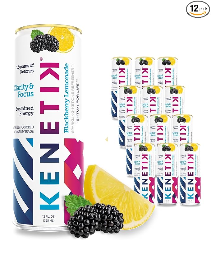 KENETIK Nootropic Ketone Drink, Ketones for Energy & Focus, Caffeine & Sugar Free, High Performance D-BHB Ketone Mix, Fuel w/Zero Crash or Jitters, Ready to Drink - Blackberry Lemonade 12 Pk