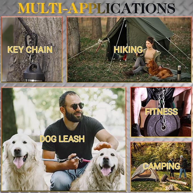 Heavy Duty Aluminum D Carabiner Clips & Key Rings, Black & Sliver Corrosion Resistant Keychain for Keys, Outdoor Sports, Hiking, Camping, Fishing & Hanging Gear