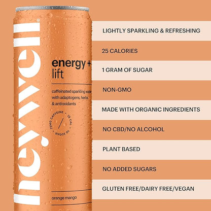 Heywell Sparkling Adaptogenic Water, Energy and Uplift, Orange Mango Flavor 12 Fluid Ounce (Pack of 12) - Non Caffeinated, Organic, Non GMO, Vegan, Gluten Free, Dairy Free