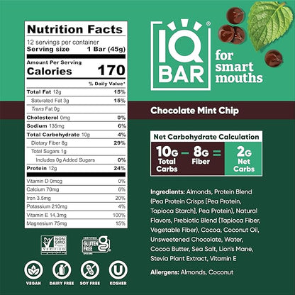IQBAR Brain and Body Plant Protein Bars - Chocolate Mint Chip - 12-Count Low Carb - Gluten Free, High Fiber, Vegan Snacks - Low Sugar Meal Replacement