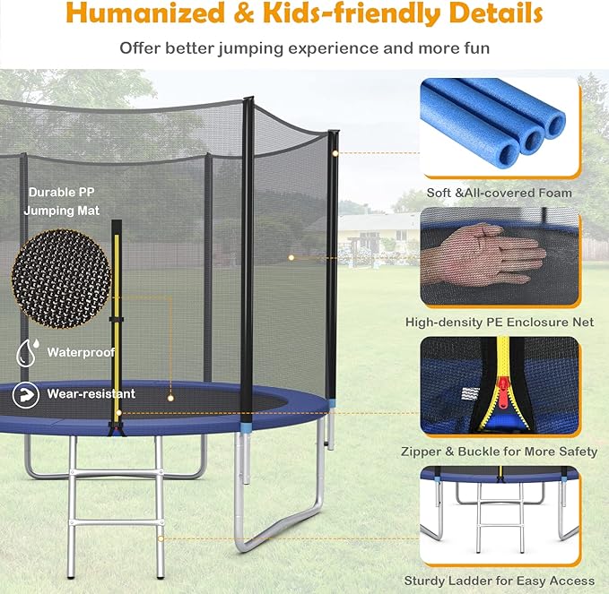 GYMAX Trampoline, 8FT 10FT 12FT 14FT 15FT 16FT Recreational Trampolines w/Safety Enclosure Net & Ladder - ASTM Certificated, Outdoor Trampoline for Kids and Adults