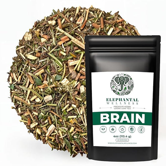 Elephantal Wellness Premium Brain Herbal Tea | Nootropic Focus & Mental Clarity Support with Ginkgo, Bacopa, Ashwagandha & Gotu Kola | Handmade, Caffeine-Free, Non-GMO Loose Leaf Blend, 4oz Loose Leaf, 40 Servings