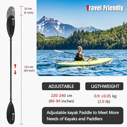 Kayak Paddle Premium Carbon Fiber Paddle with Reinforced PP + Fiberglass Blade, Floating Adjustable Kayaking Oars, 3 Piece, 220-240 cm/86-94 Inches, 240-260 cm/94-102 Inches