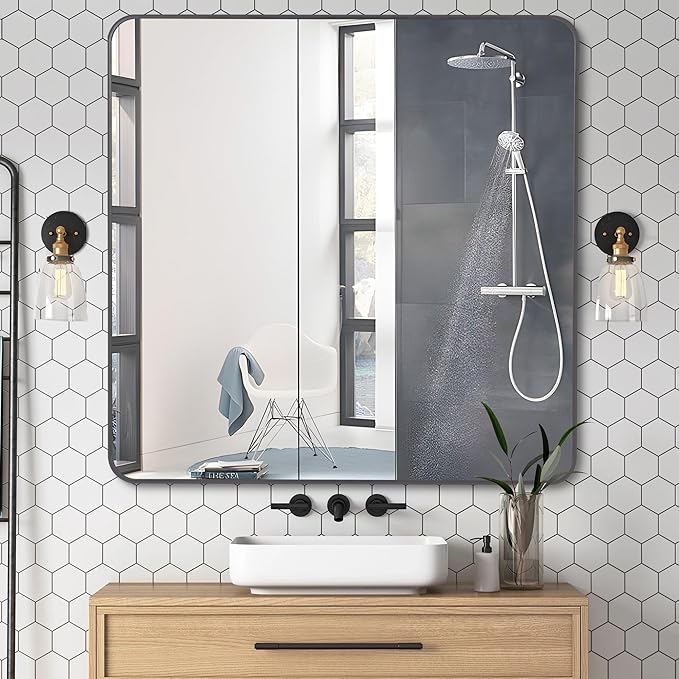 36" x 36"Bathroom Mirror, Matte Black Wall Mirror with Metal Frame, Decorative Rectangular Vanity Mirror for Bedroom Bathroom Living Room Entryway (Horizontal/Vertical)