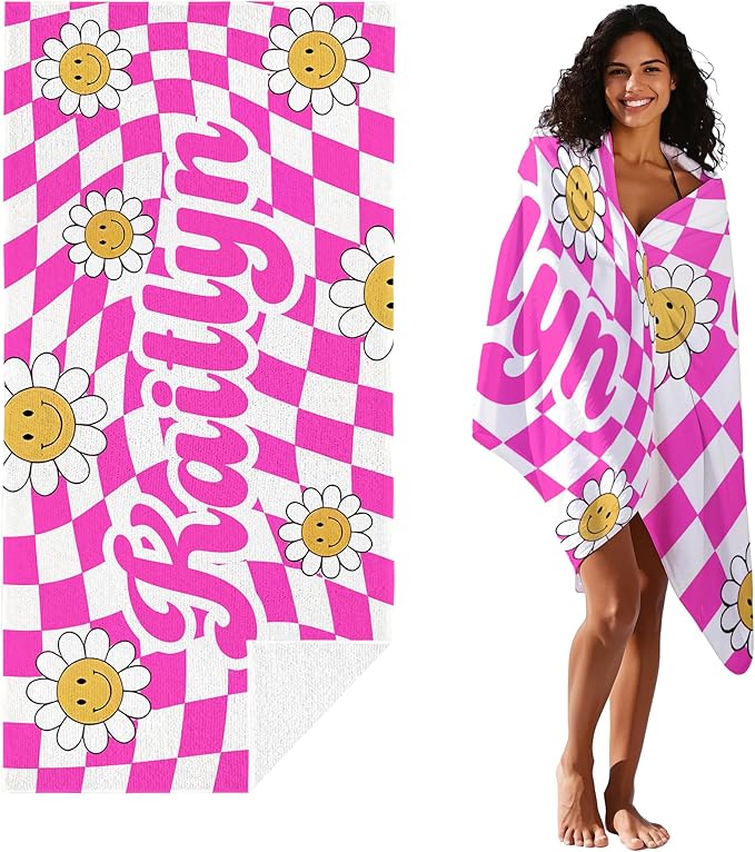 JML Personalized Beach Towel with Name, Custom Flower Beach Towel, Customized Microfiber Pool Towel, Quick Dry & Absorbent Swim Towel for Adult,Anniversary, Birthday, Summer Holiday,Vacation
