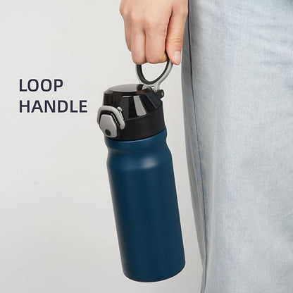 Insulated Water Bottle with Straw and Carry Loop,18 oz Stainless Steel Double Wall Vaccum Metal Water Flask with Leak-proof Lid,Navy blue