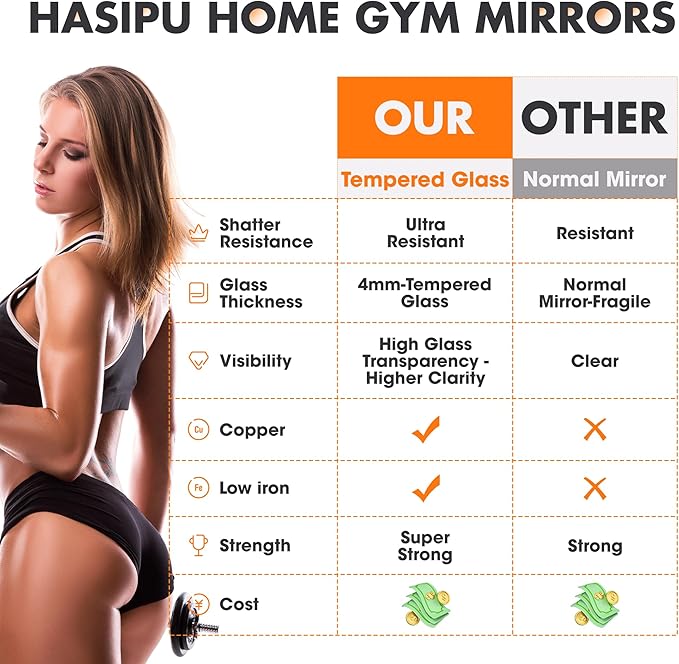 Hasipu Home Gym Mirror 48" L x 24" W - 2PCS Large Full Body Mirror for Yoga, Wall-Mounted Mirrors for Fitness, Garage, Dance Studio, 0.16in Tempered Glass Frameless
