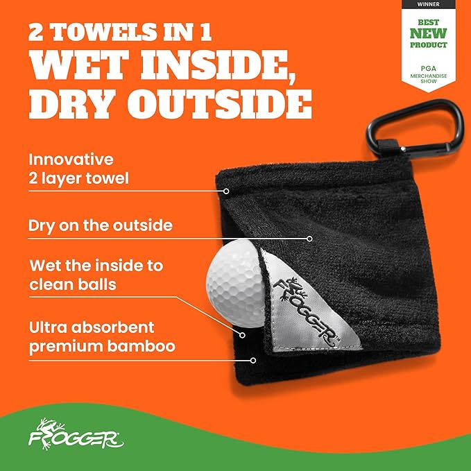 Frogger Amphibian Golf Ball Towel with Wet and Dry Technology Small Golf Ball Towels for Golf Bags with D Clip, Premium Golf Ball Accessories, Ultra Absorbent
