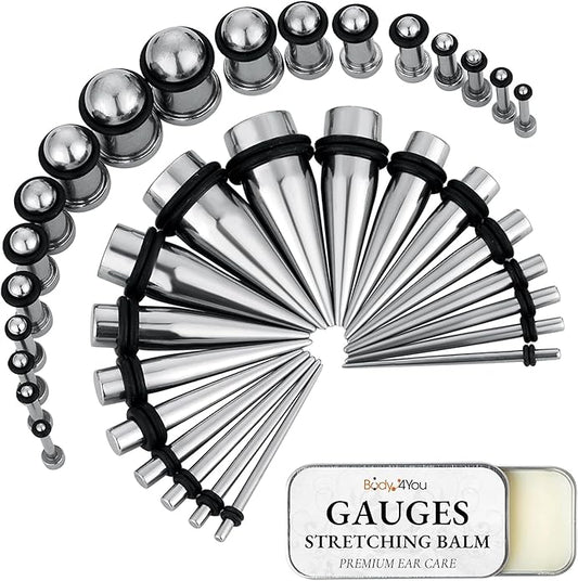 BodyJ4You 37PC Ear Stretching Kit - Beginner Gauges 14G-00G Starter Set - Aftercare Balm Wax - Steel Tapers Single Flare Plugs Screw Fit Tunnels - Women Eyelet Mens Earrings Expander Piercing Jewelry