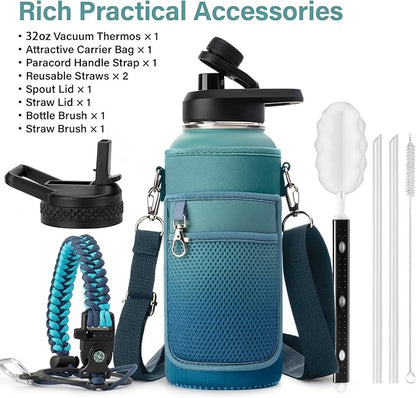 Insulated Water Bottle | Thickened Stainless Steel Vacuum Metal | Portable Sports Water Jug for Gym and Hiking with Straw, Carrier Bag, Handle Strap | BPA-Free 32 oz