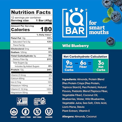 IQBAR Brain and Body Plant Protein Bars - Wild Blueberry - 12-Count Low Carb - Gluten Free, High Fiber, Vegan Snacks - Low Sugar Meal Replacement