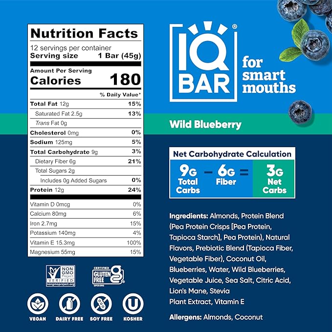 IQBAR Brain and Body Plant Protein Bars - Wild Blueberry - 36-Count Low Carb - Gluten Free, High Fiber, Vegan Snacks - Low Sugar Meal Replacement
