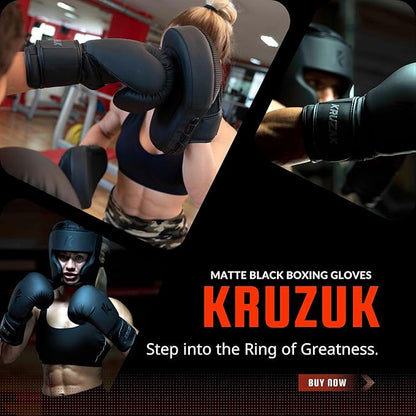 Kruzak Matte Black Boxing Gloves and Pads, Boxing Gloves Training Set for Kickboxing and Muay Thai MMA Training - Boxing Kit for Adults with Punching Pads for Martial Arts and Karate