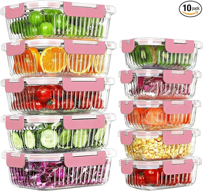 10 Packs Glass Meal Prep Containers with Lids, Glass Food Storage Containers Set, Airtight Lunch Containers, Microwave, Oven, Freezer and Dishwasher Safe, Pink