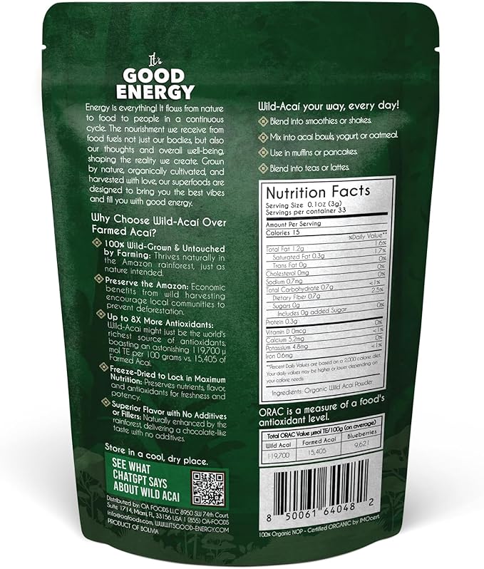 It’s Good Energy Organic Amazonian Wild Acaí Powder | Freeze-Dried | 8x More Antioxidants, Rich in Omega 3-6-9 | Non-GMO, Gluten-Free, Keto | No Sugar | Great for Smoothies & Drinks