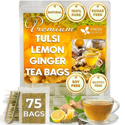 FreshDrinkUS, Premium 75 Tulsi Lemon Ginger Tea Bags, 100% Natural & Pure from Tulsi Holy Basil Leaves, Lemon and Ginger. Made with Natural Material Tea Bags. No Sugar, No Caffeine, Vegan.