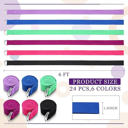 Leyndo 24 Pieces Yoga Strap Stretching Pilates Exercise Adjustable Straps 6 ft Non Elastic Yoga Belt with Adjustable D Ring Buckle for Pilates Gym Workouts Fitness