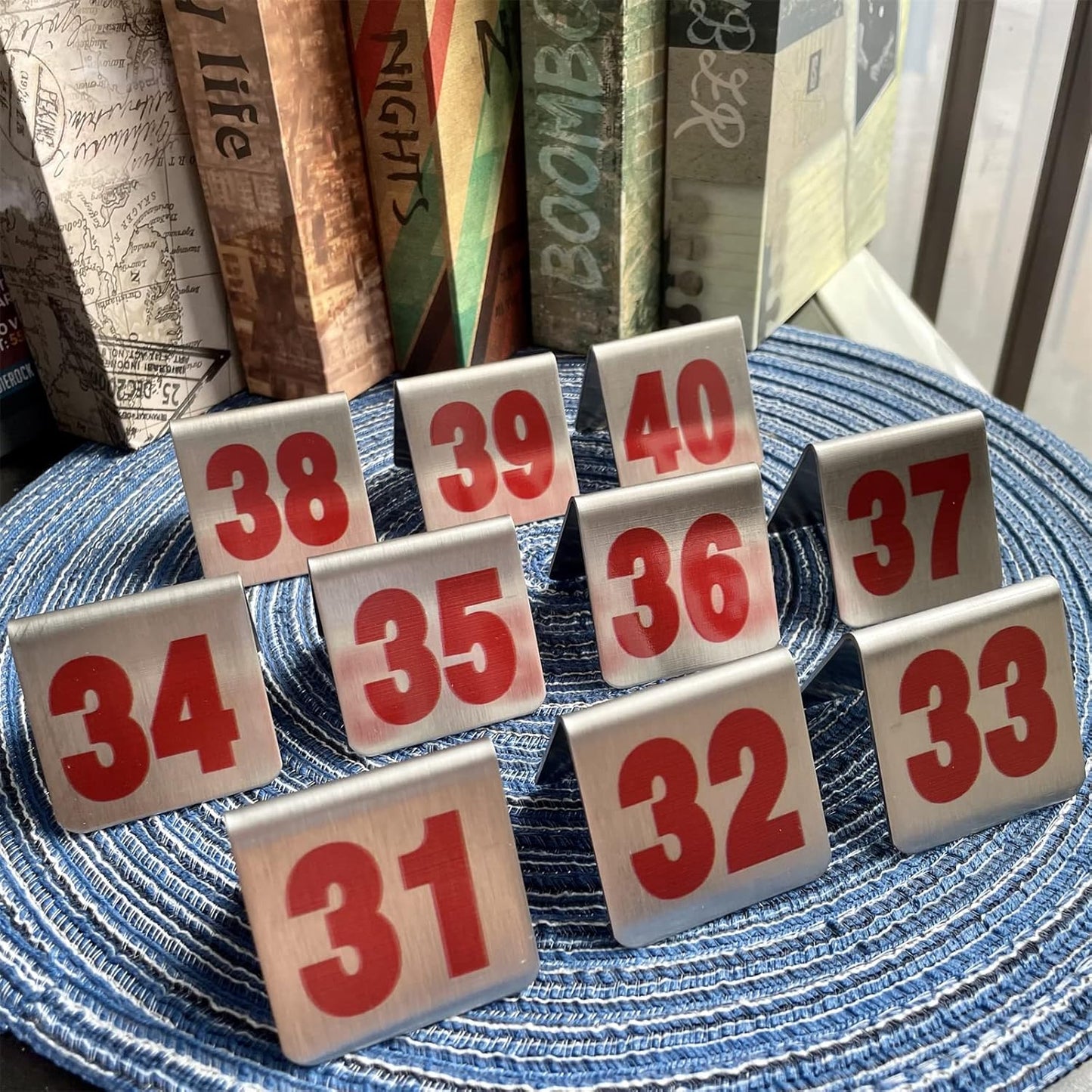 10 Pcs Metal Place Cards Stackable Tent Style Table Numbers，Place Card Holders for Celebration Wedding Party Restaurants Cafes Bars Gatherings meeting Room Board Game Serial (Small 31-40, Red)