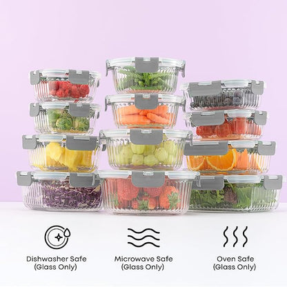 JoyJolt 24pc Borosilicate Glass Storage Containers with Lids | 12 Airtight/Freezer Safe Food Storage Containers for Pantry and Kitchen | Meal Prep Container for Lunch | Glass Tupperware Set