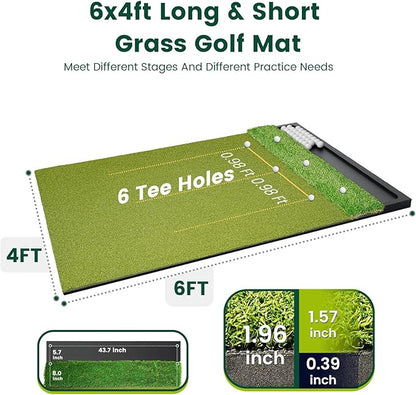 Golf Hitting Mat with Ball Tray 5x4ft - 6x4ft Dual-Turf Practice Mat for Indoor & Outdoor Use Golf Training Mat with Rubber Tee Holes, Suitable for Swing Driving & Chipping