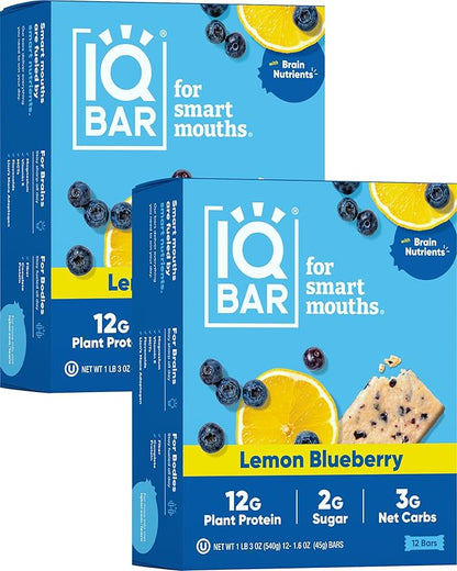 IQBAR Brain and Body Plant Protein Bars - Lemon Blueberry - 24-Count Low Carb - Gluten Free, High Fiber, Vegan Snacks - Low Sugar Meal Replacement