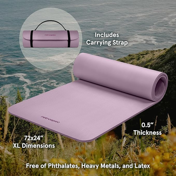 Retrospec Solana Yoga Mat 1/2" Thick w/Nylon Strap for Men & Women - Non Slip Exercise Mat for Yoga, Pilates, Stretching, Floor & Fitness Workouts
