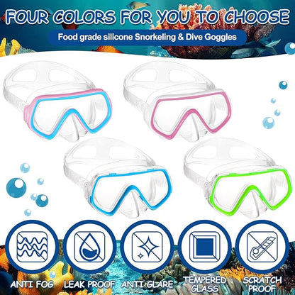 Hoolerry 4 Pcs Kids Nose Goggles Swim Goggles with Nose Cover for 3-8 Tempered Glass Snorkel Dive Mask Anti Fog with Elastic Strap No Leak Swimming Mask for Summer Diving Snorkeling