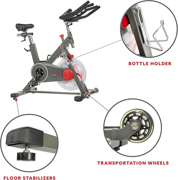 Sunny Health & Fitness Magnetic Exercise Bike, 44LB Flywheel & 300LB Weight Capacity for Intensive Home Workout, Indoor Cardio Training w/4-Way Adjustable Seat, Optional Free SunnyFit App Connection