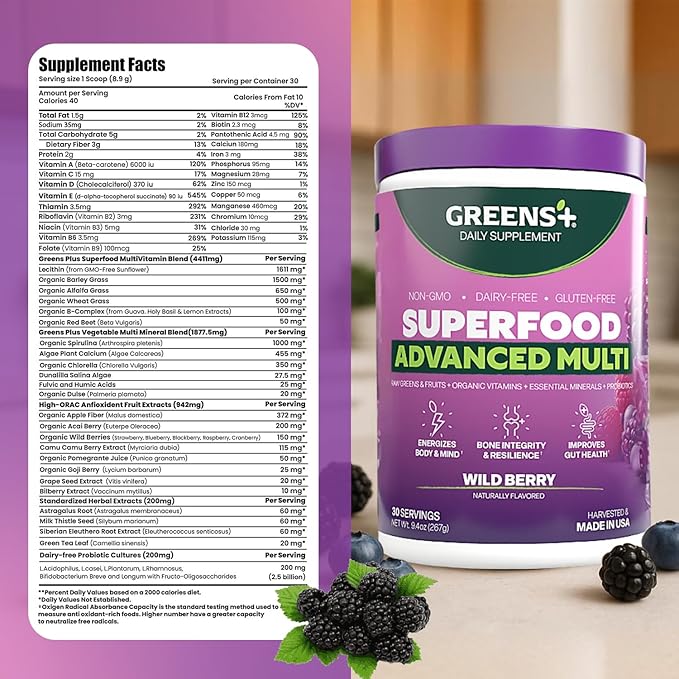 Greens+ Advanced Multi Wild Berry Superfood Powder, Organic Blend, Vegan, Non-GMO, Soy-Free, Dairy-Free, Gluten-Free, Dietary Supplement with Vitamins & Minerals, 9.4 oz