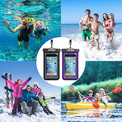 Hiearcool Universal Waterproof Phone Pouch Compatible for iPhone 17 16 15 14 13 Pro Max Plus Up to 8.3", IPX8 Beach Travel Essentials-Black&Purple-2Pack