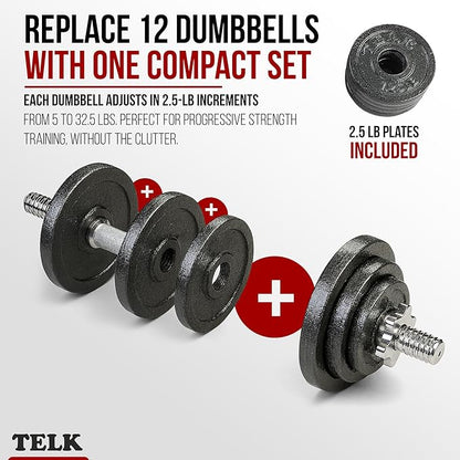 TELK – Adjustable Dumbbell Set – Home Gym Weight Set with Baked Enamel Cast Iron Plates – Space-Saving Free Weights for Strength Training