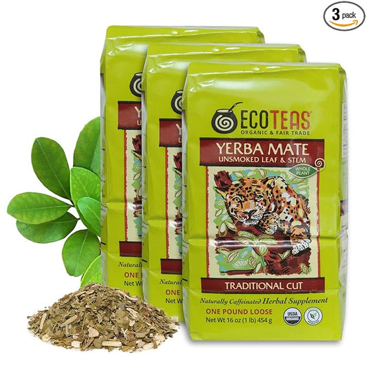 ECOTEAS Organic Yerba Mate Loose Leaf Tea – Unsmoked Detox Herbal Tea for Natural Energy – Coffee Alternative - Kosher, Non-GMO, Gluten-Free - Traditional Cut, 1 lb (Pack of 3)