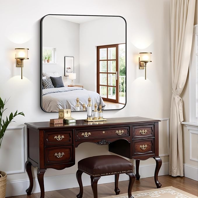 FORBATH Bathroom Mirror 36x40 Inch, Large Rectangular Wall Mirror with Black Aluminum Frame, Rounded Corners, Horizontal or Vertical Mount for Bathroom, Bedroom, Entryway