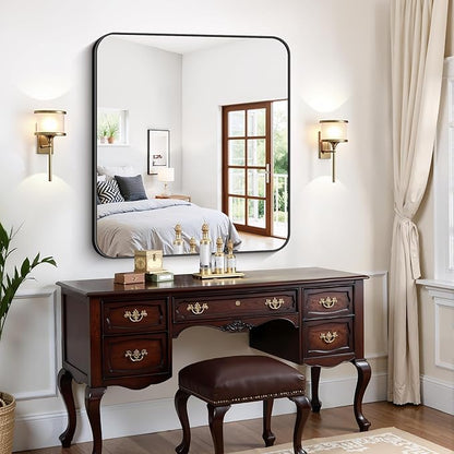 FORBATH Bathroom Mirror 36x40 Inch, Large Rectangular Wall Mirror with Black Aluminum Frame, Rounded Corners, Horizontal or Vertical Mount for Bathroom, Bedroom, Entryway