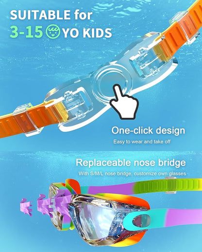 Kids Swim Goggles, Swimming Goggles for Kids with Nose Clip, Earplugs, Nose Bridge for Age 3-15