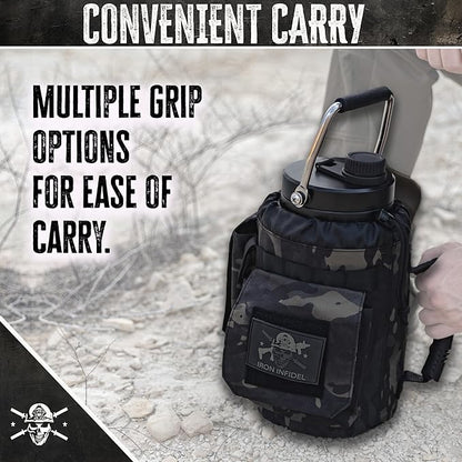 Iron Infidel Battle Bottle - One Gallon Insulated Water Bottle with Dual Carry Handles - 128 oz Tactical Stainless Steel Water Jug & Rugged Extra Large Sleeve With Storage (Black Camo 128 Ounces)