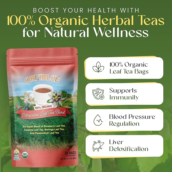 100% Organic Miraculous Leaf Tea bags | Organic Herbal Teas | Premium Quality & Flavorful Blends - 0 Sugars, 0 Carbs, 0 Fats, 1% Sodium (25mg) | Rich in Vitamins - Detox, Immunity, Wellness & More