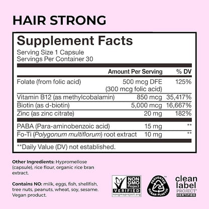 HUM Hair Strong - Hair Growth Vitamins with Biotin, Zinc, and Fo-Ti for Healthy Hair, Skin & Nails - Vegan Hair Supplement for Women | Biotin Supplement, (30 Capsules)