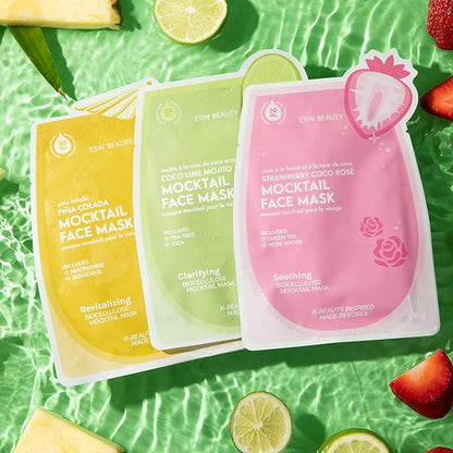 ESW Beauty Mocktail Face Mask Set - 3-Pack Vegan Face Masks for Hydrating, Revitalizing & Calming Skin - Includes Coco Lime Mojito, Strawberry Coco Rosé & Piña Colada Biocellulose Masks