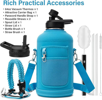 Insulated Water Bottle | Thickened Stainless Steel Vacuum Metal | Portable Sports Half Gallon Large Water Jug for Gym and Hiking with Straw, Carrier Bag, Handle Strap | BPA-Free 64 oz