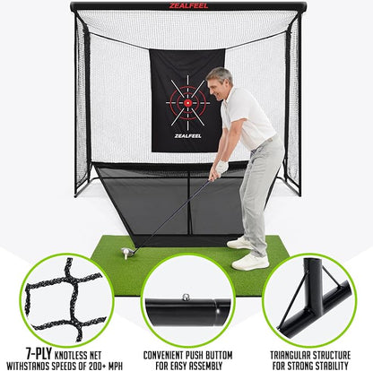 Golf Net, 10x7ft/8x8ft Golf Enclosure Net with Side Barriers/Auto-Ball Return, Low-Noise Target, Carry Bag, 4 Stakes, Hitting Practice Net for Backyard Driving Chipping Indoor Outdoor Use