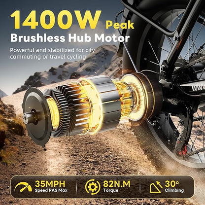 Electric Bike for Adults 1400W Peak, 48V 20AH(960WH) Removable Battery, 20"x4" Fat Tire Full Suspension 80 Miles Range Step-Thru 30+MPH Hunting Ebike, 7-Speed Dual Brakes Electric Bicycle