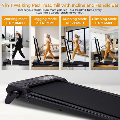 Walking Pad Treadmill with Handle Bar & Adjustable Incline, 0.6-7.6MPH Portable Small Treadmills for Home Small Spaces, 350LBS Compact Under The Desk Treadmill with Handles, 3.5HP Electric Treadmills