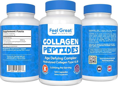 Hydrolyzed Collagen Peptides Powder Capsules (Type I &III) by Feel Great Vitamin Co. | Wheat Free, Keto & Paleo Friendly | Collagen Powder Supplement for Hair, Skin and Nails*