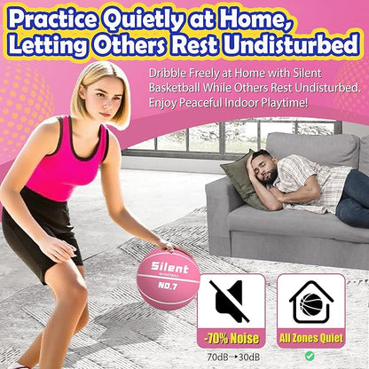 2025 Upgraded Silent Basketball Size 7 - Indoor Noiseless Airless Foam Basketball, Quiet Dribble Dream Training Ball with Soft Soundless Bounce-Pink