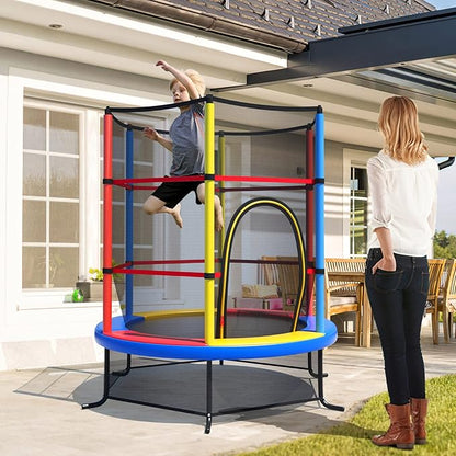 GYMAX Toddler Trampoline, 55” Trampoline for Kids with Bottom-to-Top All-Round Enclosure Net & Seamless Jumping Mat, ASTM Approved Easy Assembly Kids Mini Trampolines Indoor/Outdoor