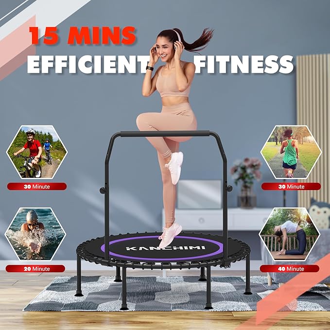 Kanchimi 550 LBS Foldable Mini Trampoline, 40" Fitness Trampoline Without armrests/U Shape Adjustable Foam Handle, Stable&Quiet Exercise Rebounder for Adults Indoor/Outdoor Workout
