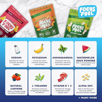 Energy Chews – Trial Size Variety Sample Pack (9 Servings) – 100mg Caffeine + Alpha GPC + L-Theanine + B12, Magnesium – Peach, Green Apple, Strawberry Lemonade Flavors – No Crash or Jitters