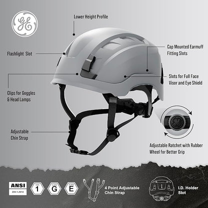 GE Safety Helmet, Impact Absorbing Tech, Adjustable Ratchet, ANSI Type 1, Memory Foam Padding, Hard Hats Protection, Lightweight, Durable, Chin Strap, Comfortable Fit OSHA Approved